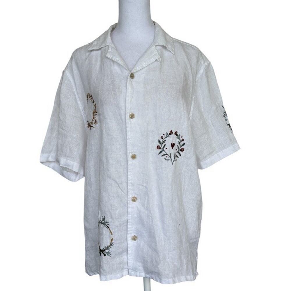 Men’s AllSaints Deck Embroidered White Linen Camp Shirt Relaxed Boxy Fit Sz S - Picture 4 of 11